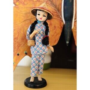Vintage Vietnamese Souvenir Doll -Linh- Floral -Braids Figurine  8” and a Story.